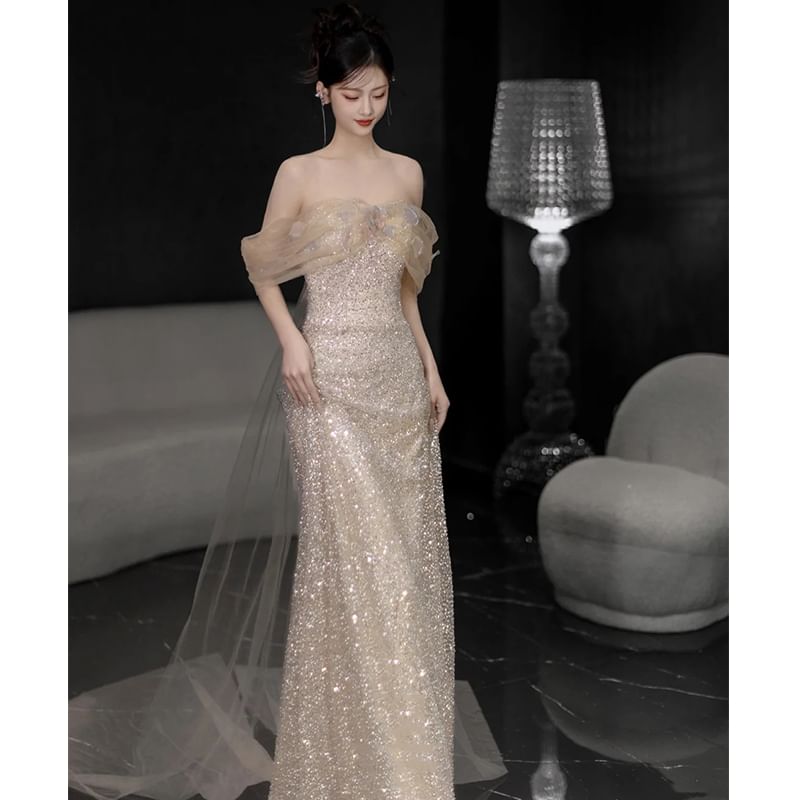 Off Shoulder Sheer Panel Sequin Sheath Evening Gown