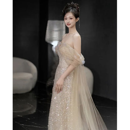 Off Shoulder Sheer Panel Sequin Sheath Evening Gown