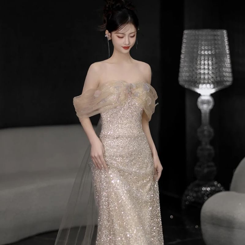 Off Shoulder Sheer Panel Sequin Sheath Evening Gown