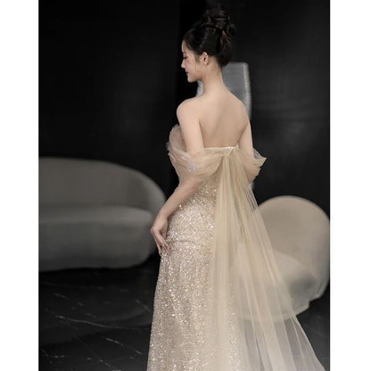 Off Shoulder Sheer Panel Sequin Sheath Evening Gown