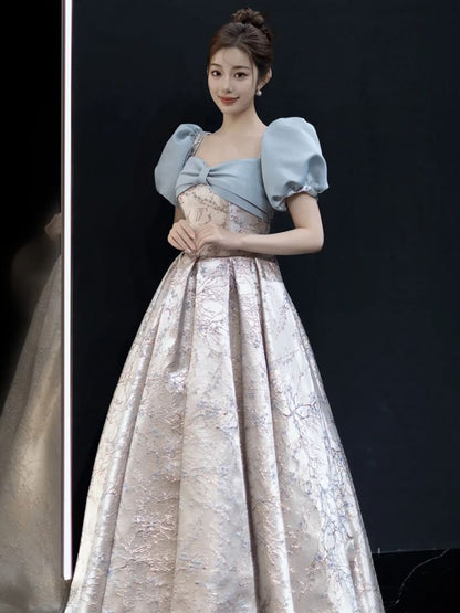 Gown Evening A-Line Sleeve Floral Puff V-Neck