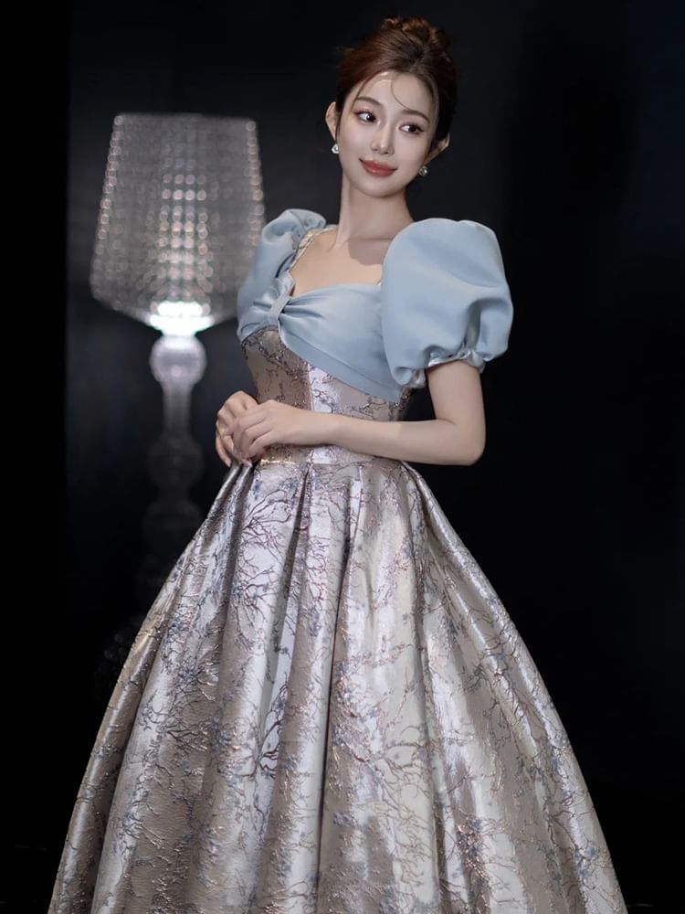 Gown Evening A-Line Sleeve Floral Puff V-Neck