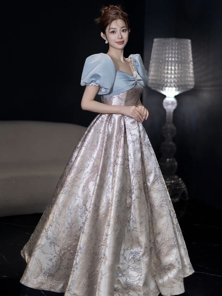 Gown Evening A-Line Sleeve Floral Puff V-Neck