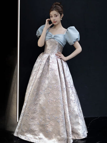 Gown Evening A-Line Sleeve Floral Puff V-Neck