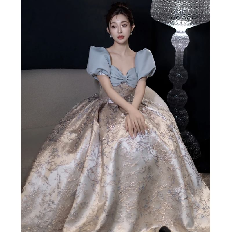 Gown Evening A-Line Sleeve Floral Puff V-Neck