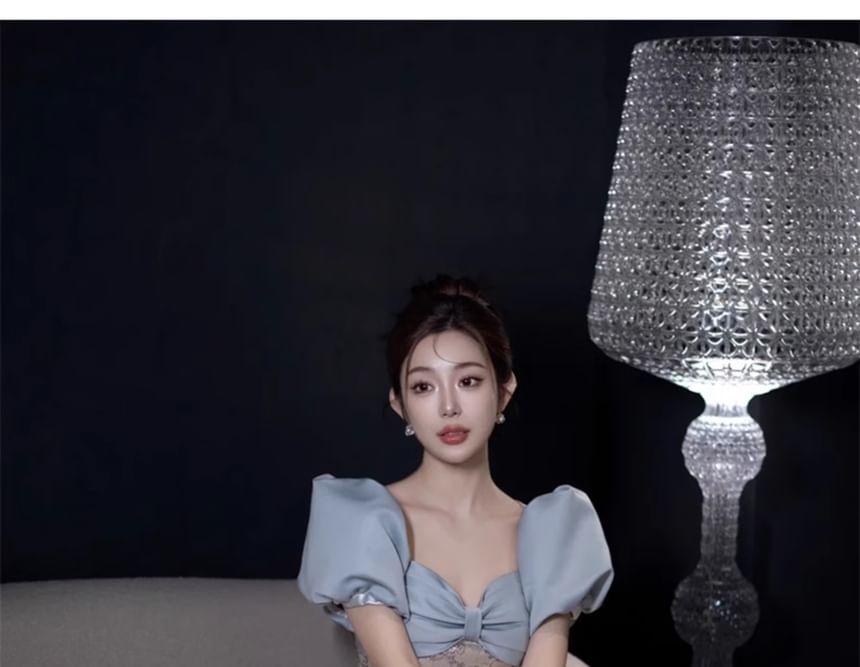 Gown Evening A-Line Sleeve Floral Puff V-Neck