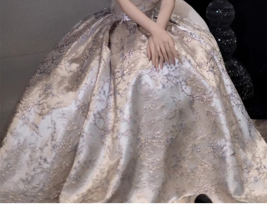 Gown Evening A-Line Sleeve Floral Puff V-Neck