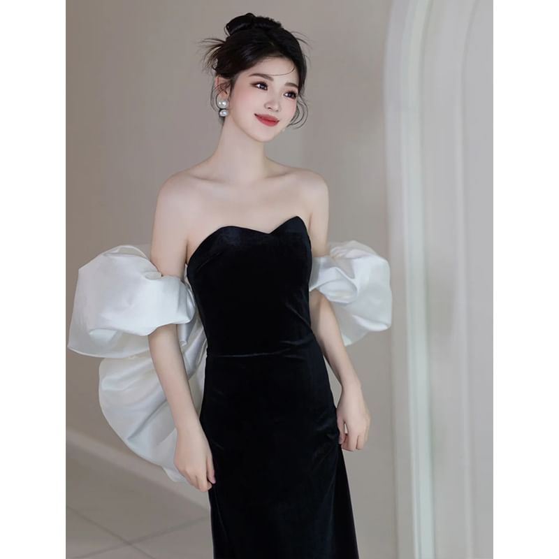 Off-Shoulder Puff Sleeve Two Tone Sheath Evening Dress