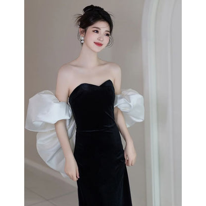 Off-Shoulder Puff Sleeve Two Tone Sheath Evening Dress