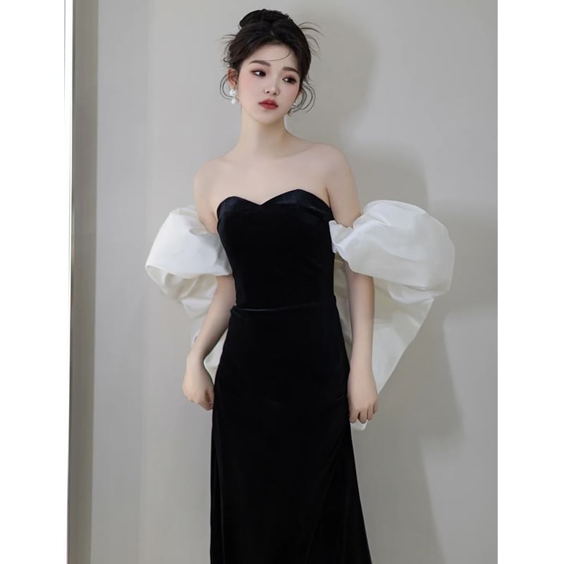 Off-Shoulder Puff Sleeve Two Tone Sheath Evening Dress