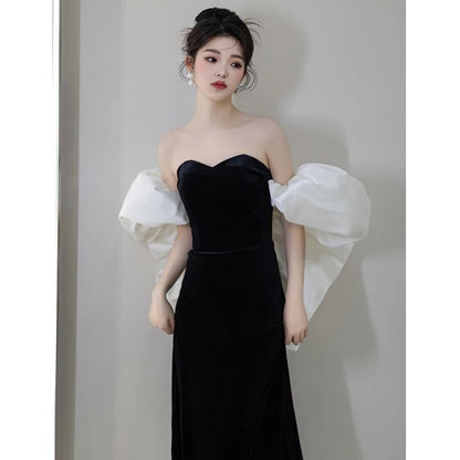 Off-Shoulder Puff Sleeve Two Tone Sheath Evening Dress