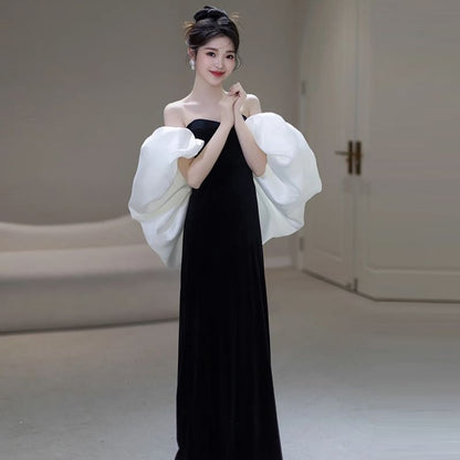 Off-Shoulder Puff Sleeve Two Tone Sheath Evening Dress