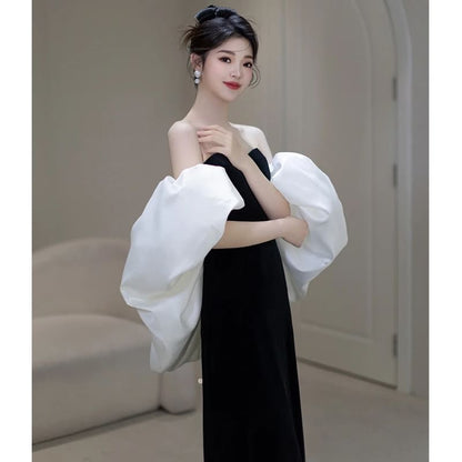 Off-Shoulder Puff Sleeve Two Tone Sheath Evening Dress
