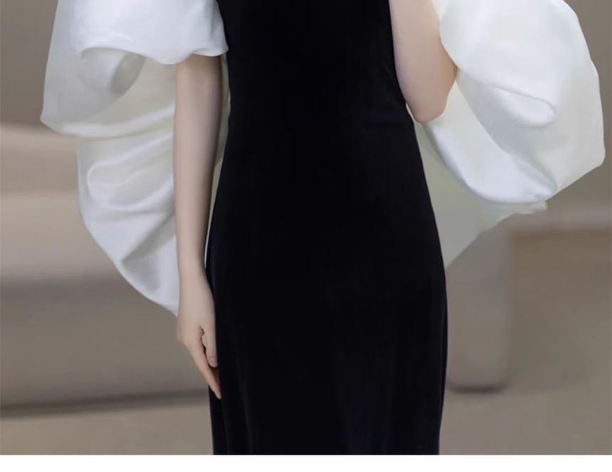 Off-Shoulder Puff Sleeve Two Tone Sheath Evening Dress