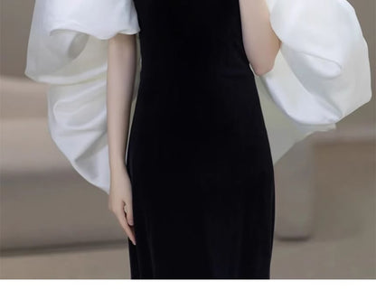 Off-Shoulder Puff Sleeve Two Tone Sheath Evening Dress