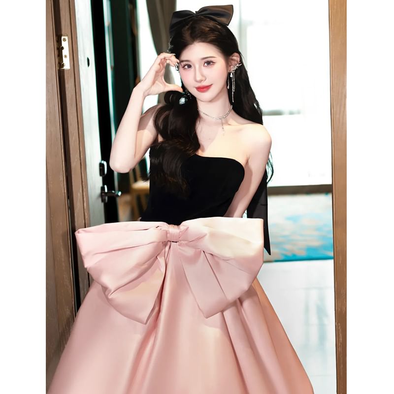 Strapless Two Tone Bowknot A-Line Evening Gown