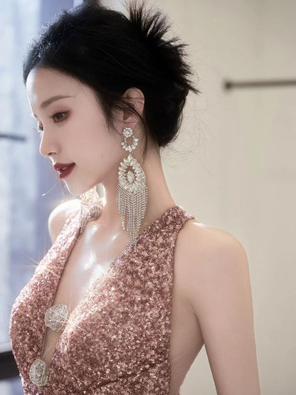Sequin V-Neck Sleeveless Sheath Evening Gown