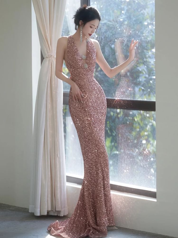 Sequin V-Neck Sleeveless Sheath Evening Gown