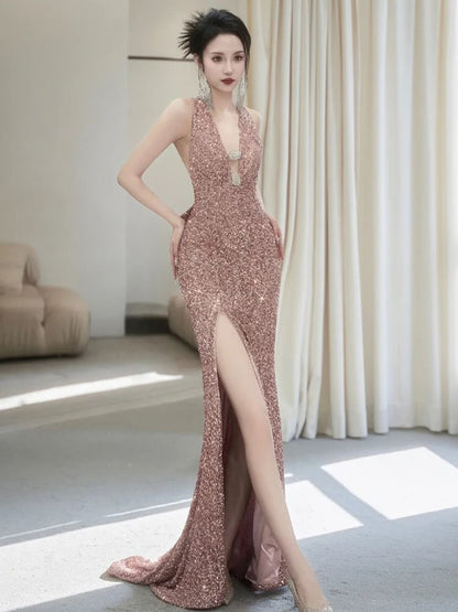 Sequin V-Neck Sleeveless Sheath Evening Gown