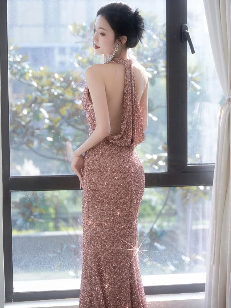 Sequin V-Neck Sleeveless Sheath Evening Gown