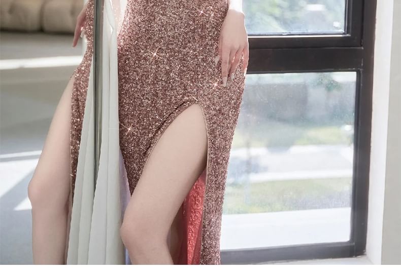 Sequin V-Neck Sleeveless Sheath Evening Gown
