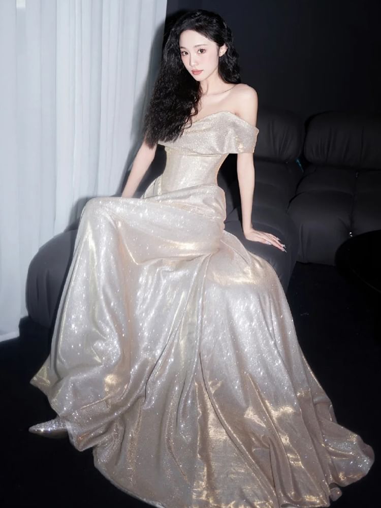 Off Shoulder Sequin A-Line Evening Gown