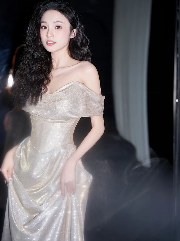 Off Shoulder Sequin A-Line Evening Gown