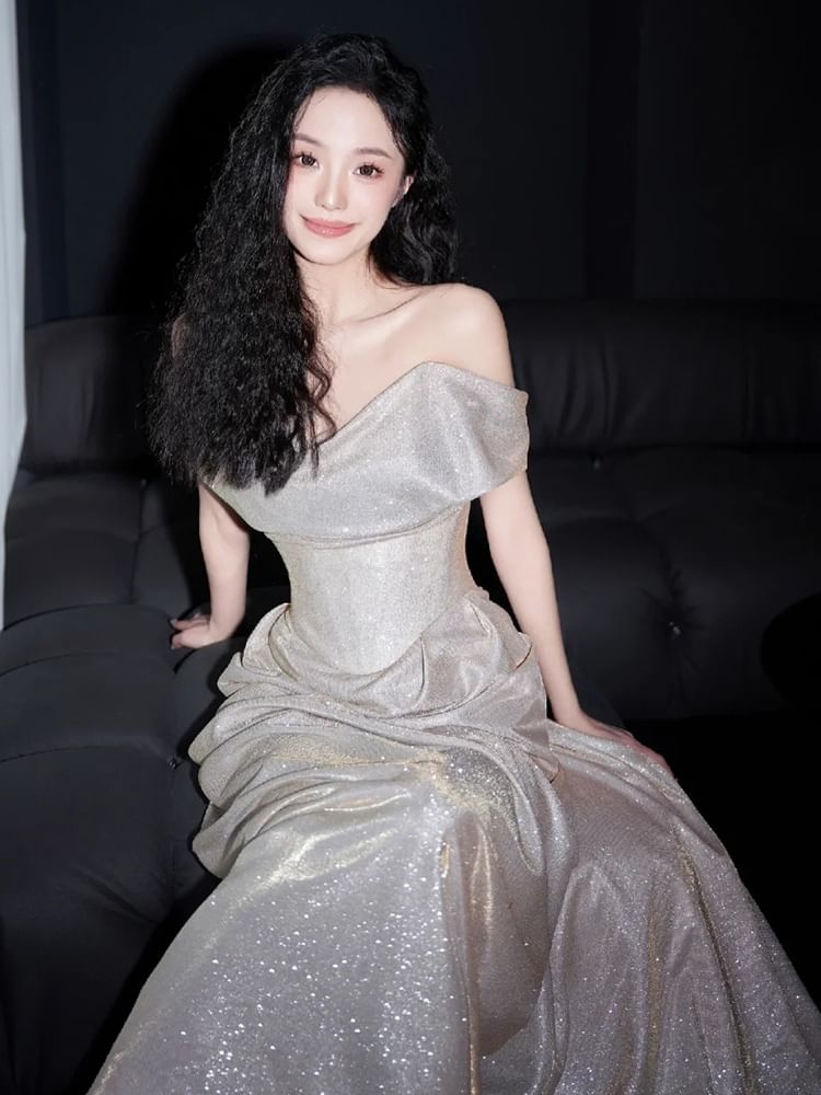 Off Shoulder Sequin A-Line Evening Gown