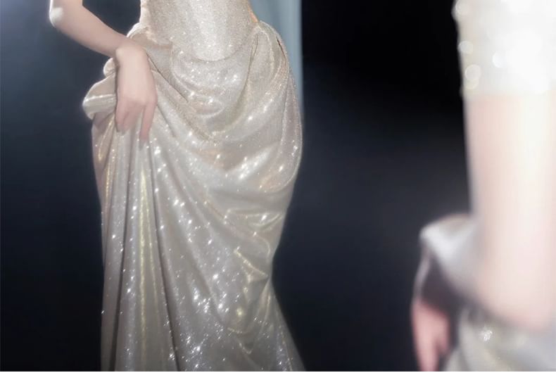 Off Shoulder Sequin A-Line Evening Gown