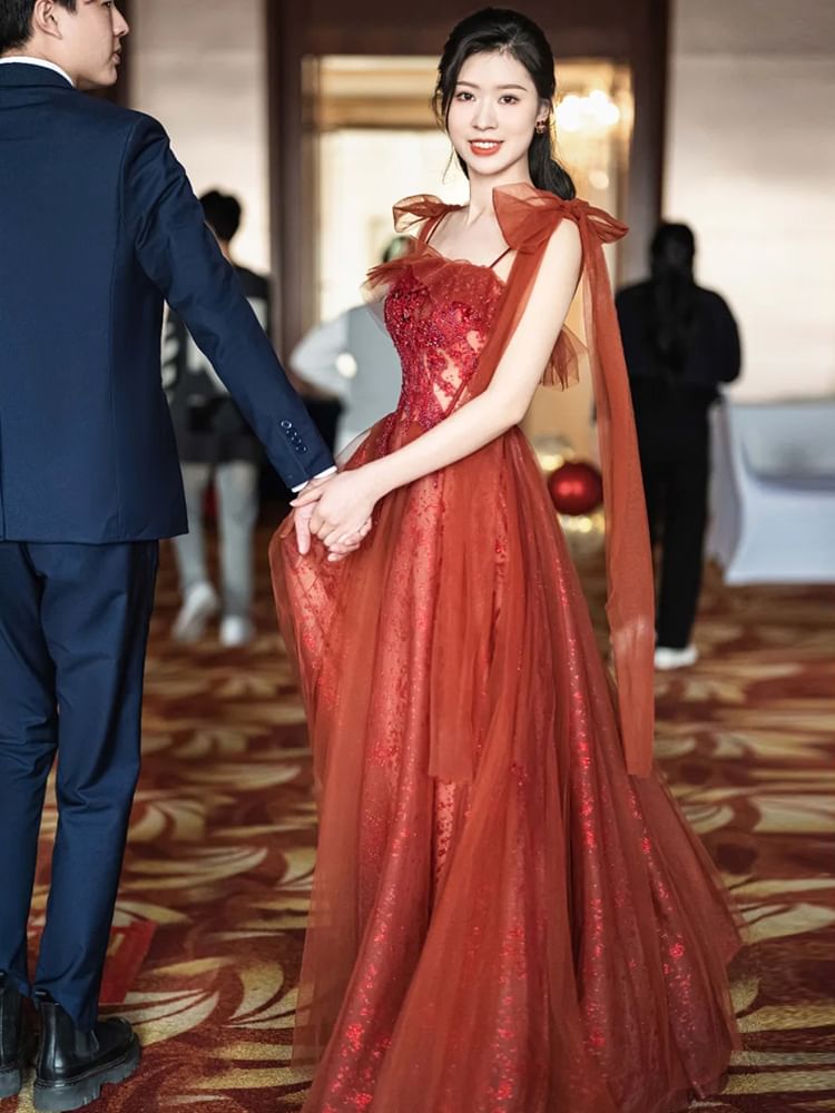 Embroidered Gown Sequin Evening Spaghetti Strap A-Line