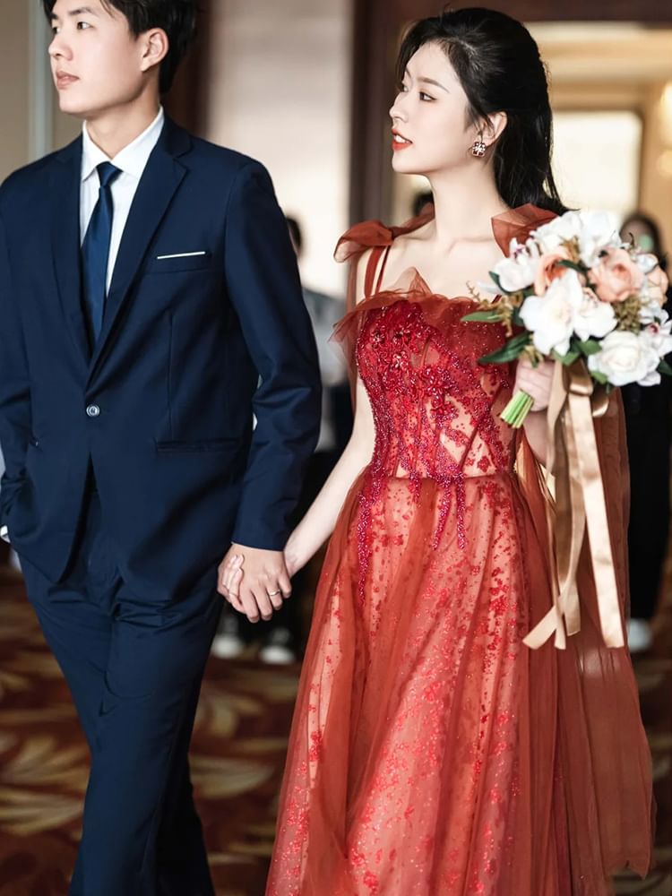 Embroidered Gown Sequin Evening Spaghetti Strap A-Line