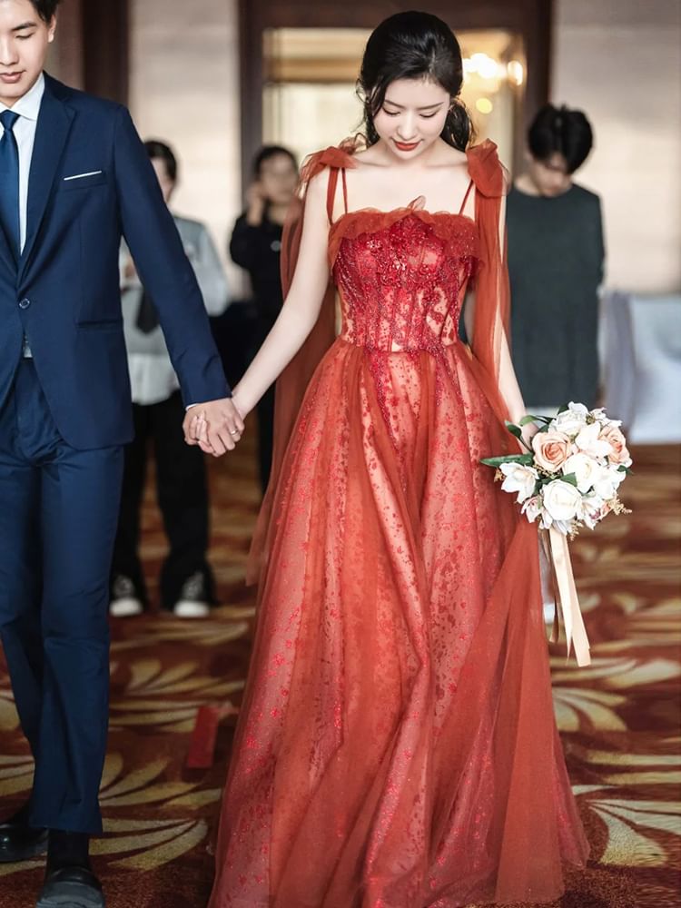 Embroidered Gown Sequin Evening Spaghetti Strap A-Line