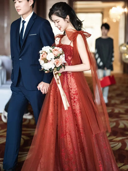 Embroidered Gown Sequin Evening Spaghetti Strap A-Line