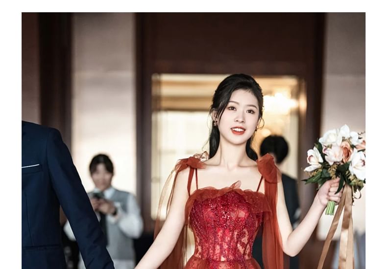 Embroidered Gown Sequin Evening Spaghetti Strap A-Line