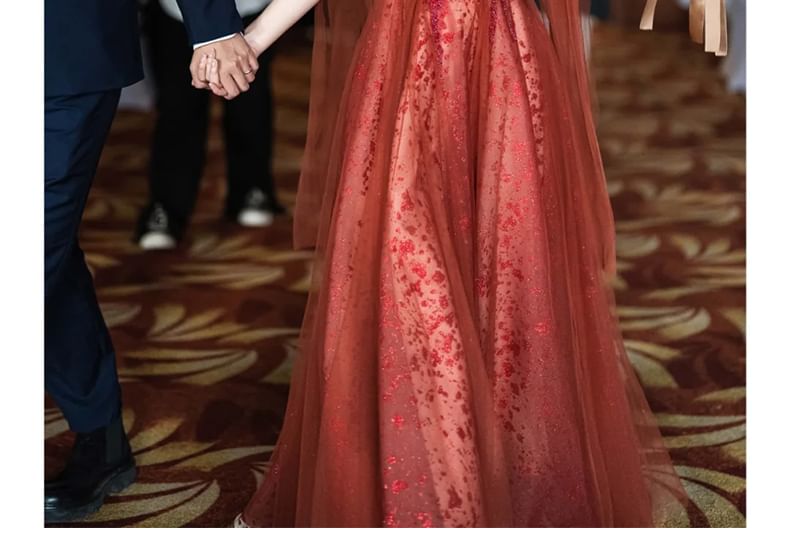 Embroidered Gown Sequin Evening Spaghetti Strap A-Line