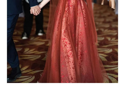 Embroidered Gown Sequin Evening Spaghetti Strap A-Line