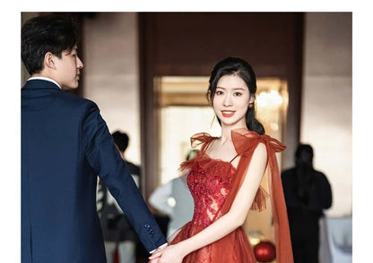 Embroidered Gown Sequin Evening Spaghetti Strap A-Line