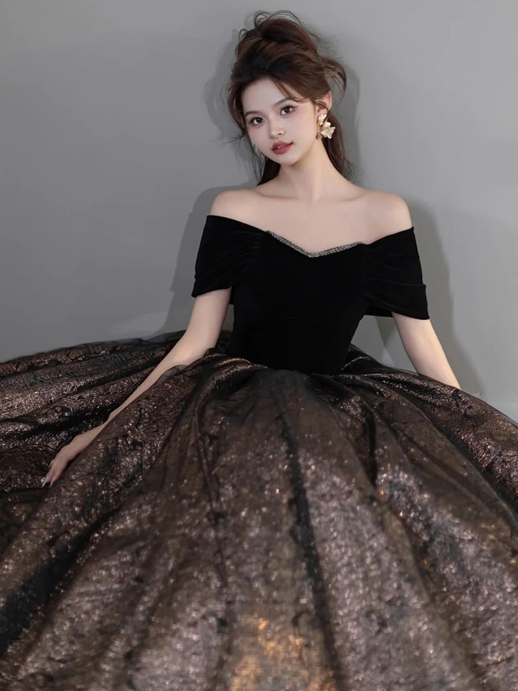 Off Shoulder Two Tone Sequin A-Line Evening Gown
