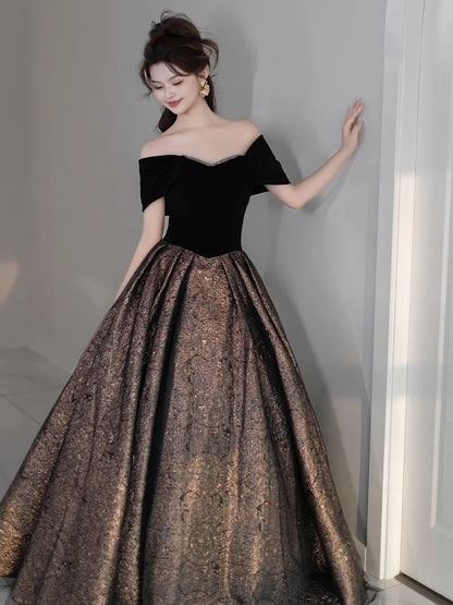 Off Shoulder Two Tone Sequin A-Line Evening Gown