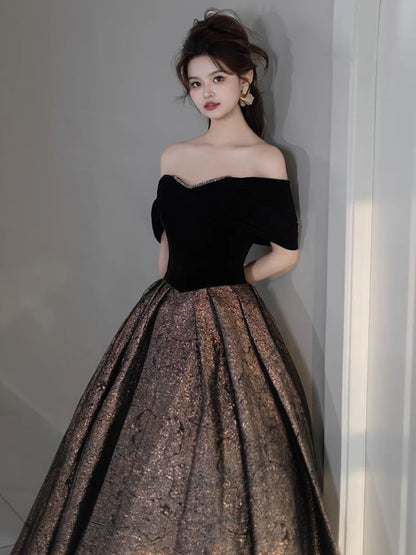 Off Shoulder Two Tone Sequin A-Line Evening Gown
