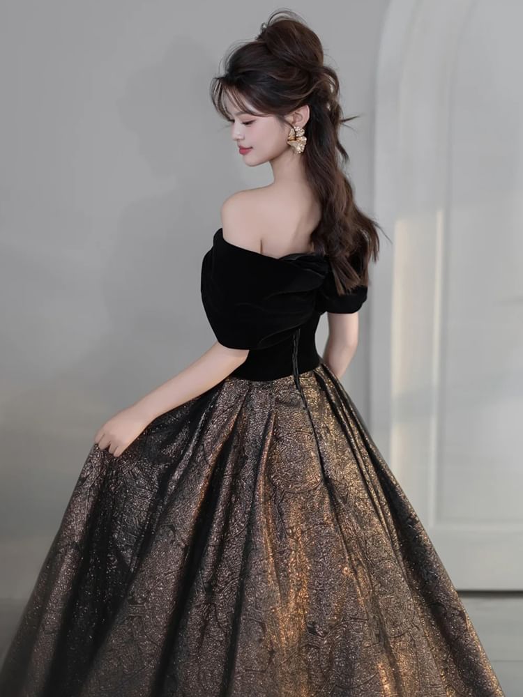 Off Shoulder Two Tone Sequin A-Line Evening Gown