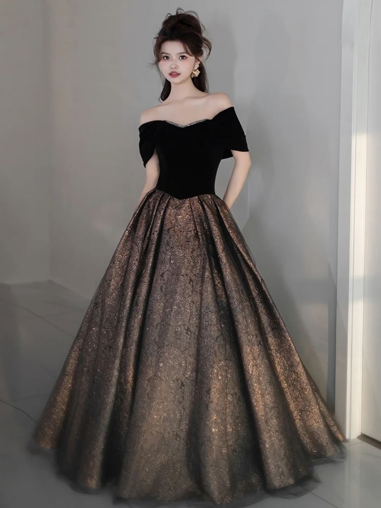 Off Shoulder Two Tone Sequin A-Line Evening Gown