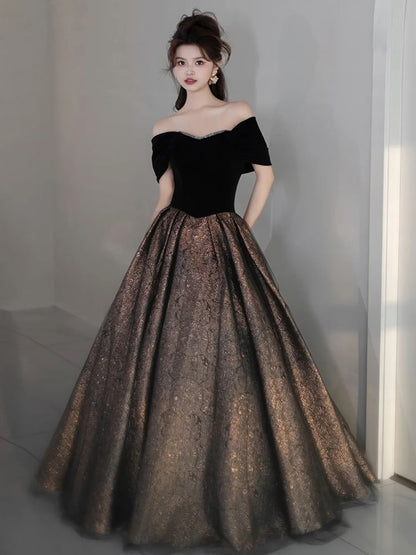 Off Shoulder Two Tone Sequin A-Line Evening Gown