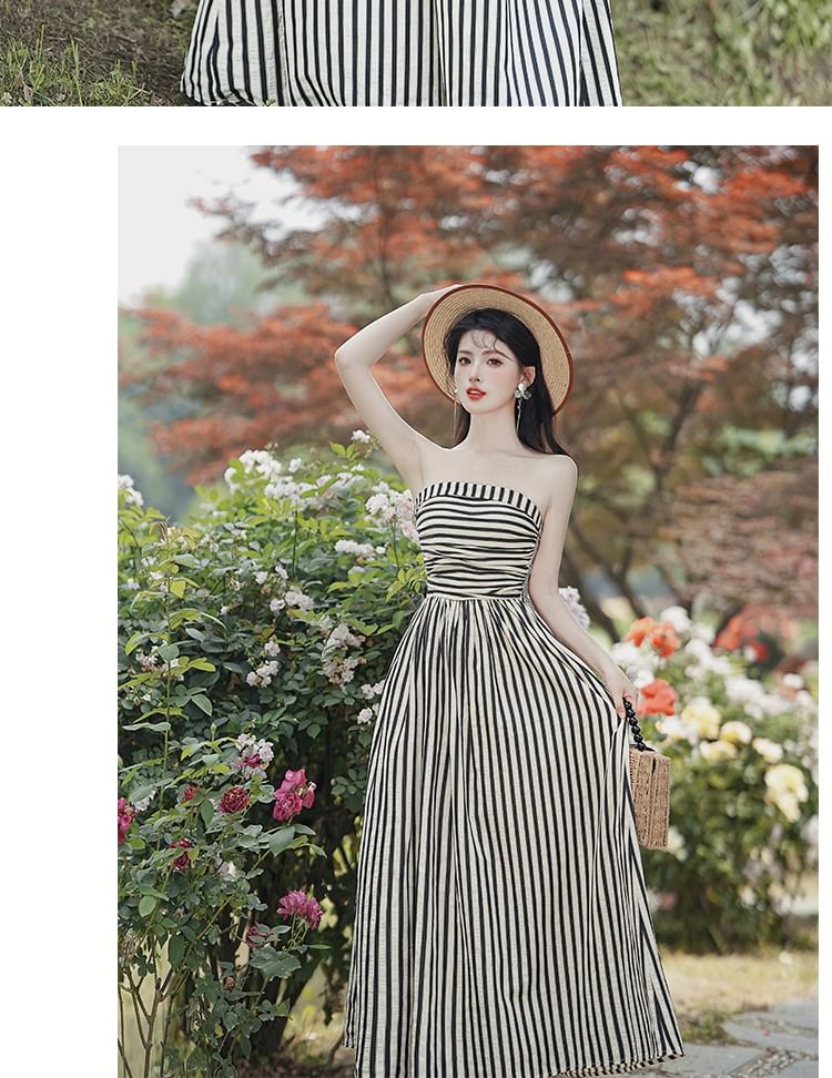 Set: Tie Shoulder Striped Ruched Maxi A