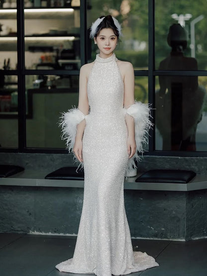 Sleeveless Stand Collar Plain Sequin Trumpet Evening Gown / Feather Shawl