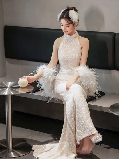 Sleeveless Stand Collar Plain Sequin Trumpet Evening Gown / Feather Shawl