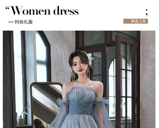 Off-Shoulder Rhinestone Ruffle A-Line Evening Gown