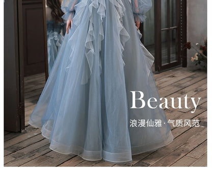 Off-Shoulder Rhinestone Ruffle A-Line Evening Gown