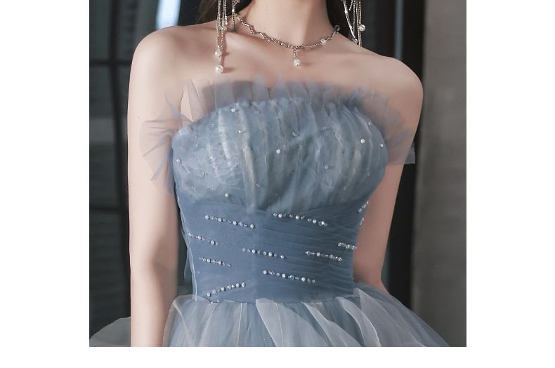 Off-Shoulder Rhinestone Ruffle A-Line Evening Gown
