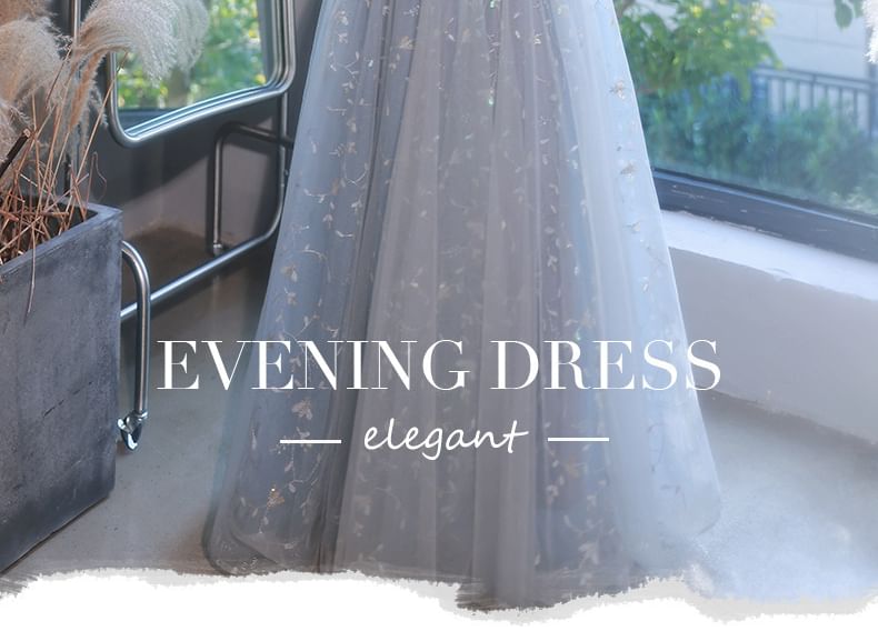 Flower Gown Puff-Sleeve Evening Sequin Embroidered A-Line